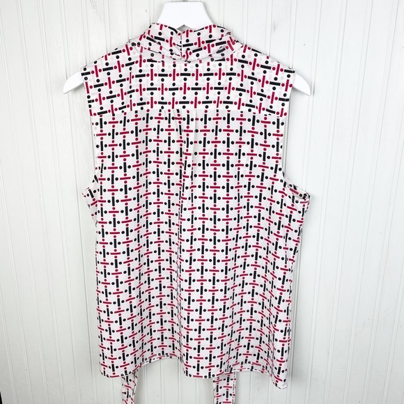 Talbots White Button Front Tie Neck Geometric Printed Blouse Women's Size 14 - Picture 8 of 9